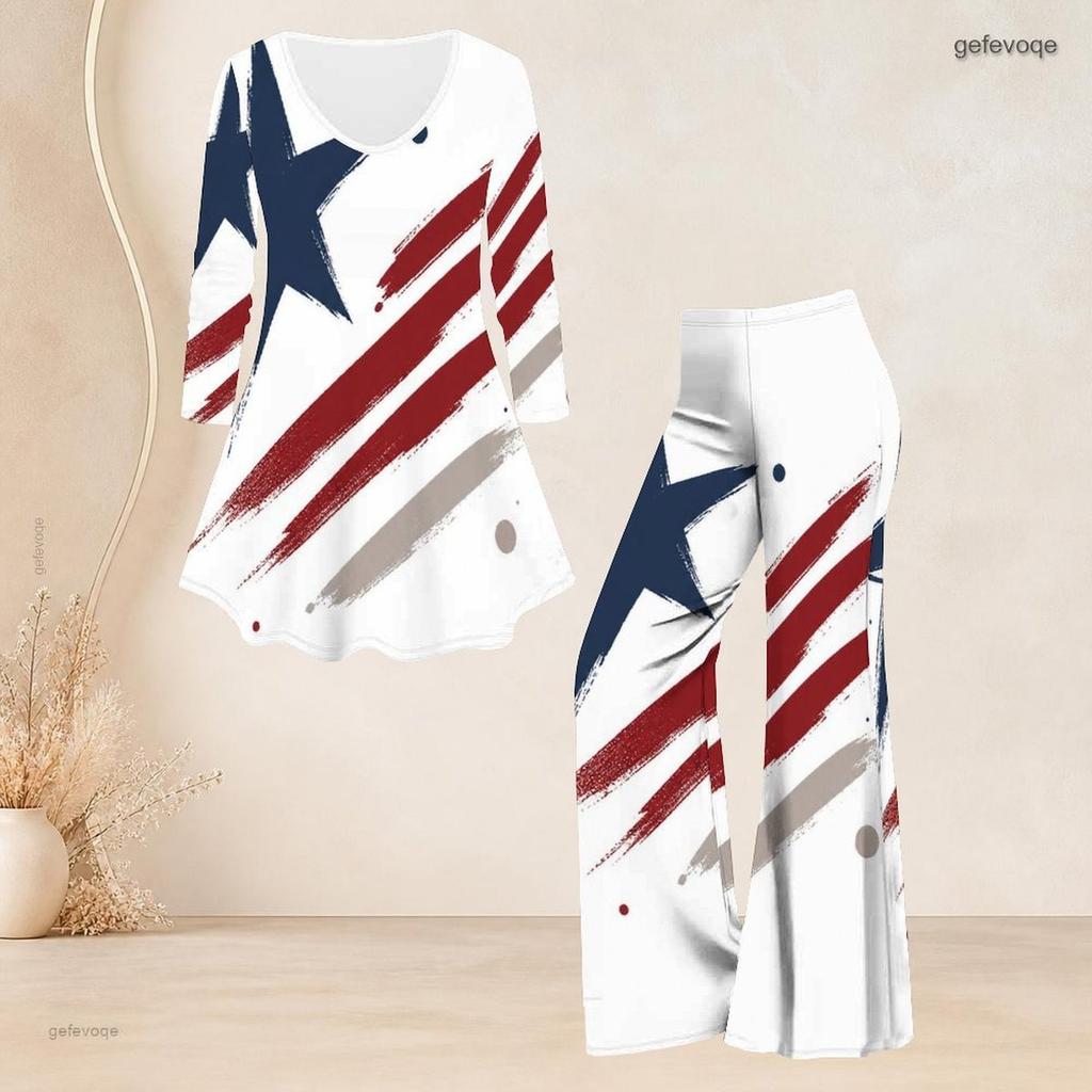 Women Plus Size Round Neck Three Quarter Sleeve Eagle Printed Flared Top Flared Pants Two Piece Set