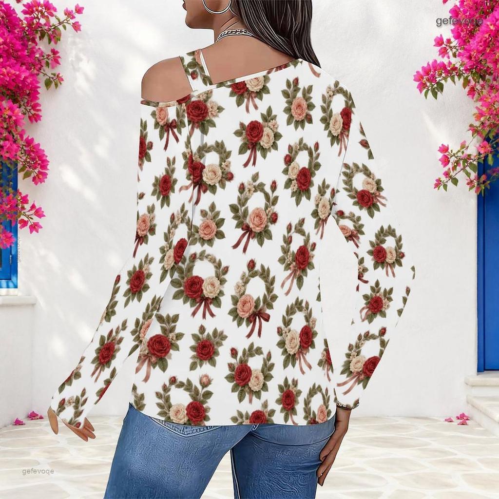 Women Plus Size White Floral Printed Asymmetric Cutout Cold Shoulder Long Sleeve Fitted Blouse