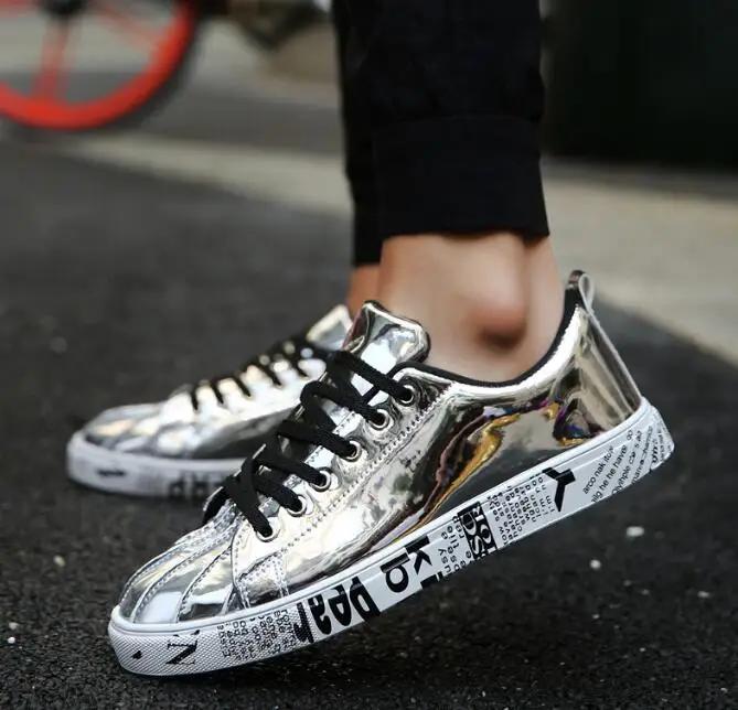 Mode Neue Männer Schuhe Fashiona Lackleder Sneakers Tops Gold Silber Hip Hop Stiefel Glänzend Beleuchtete Marke Designer Schuhe Flats Größe 46