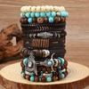 Retro Bull Head Cowboy Hat & Multi-layer Handwoven Leather Bracelet Set (11 Pcs) for Men