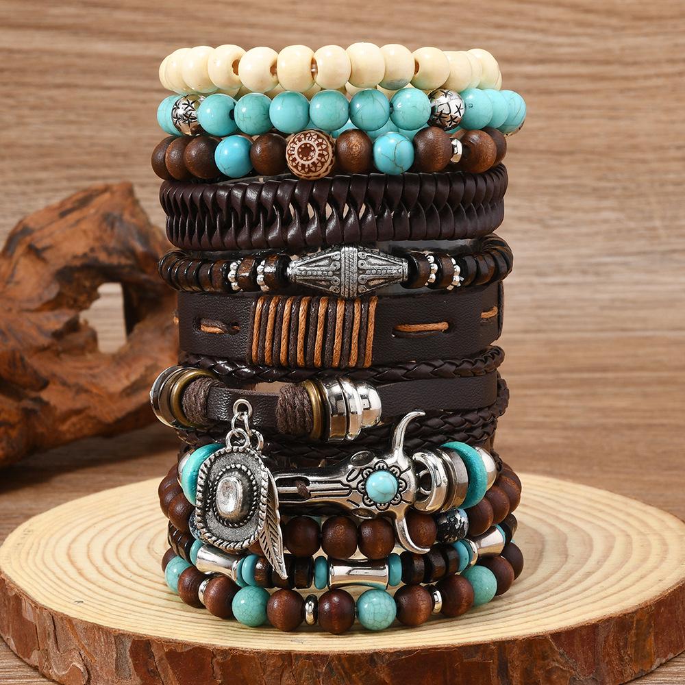 Retro Bull Head Cowboy Hat & Multi-layer Handwoven Leather Bracelet Set (11 Pcs) for Men