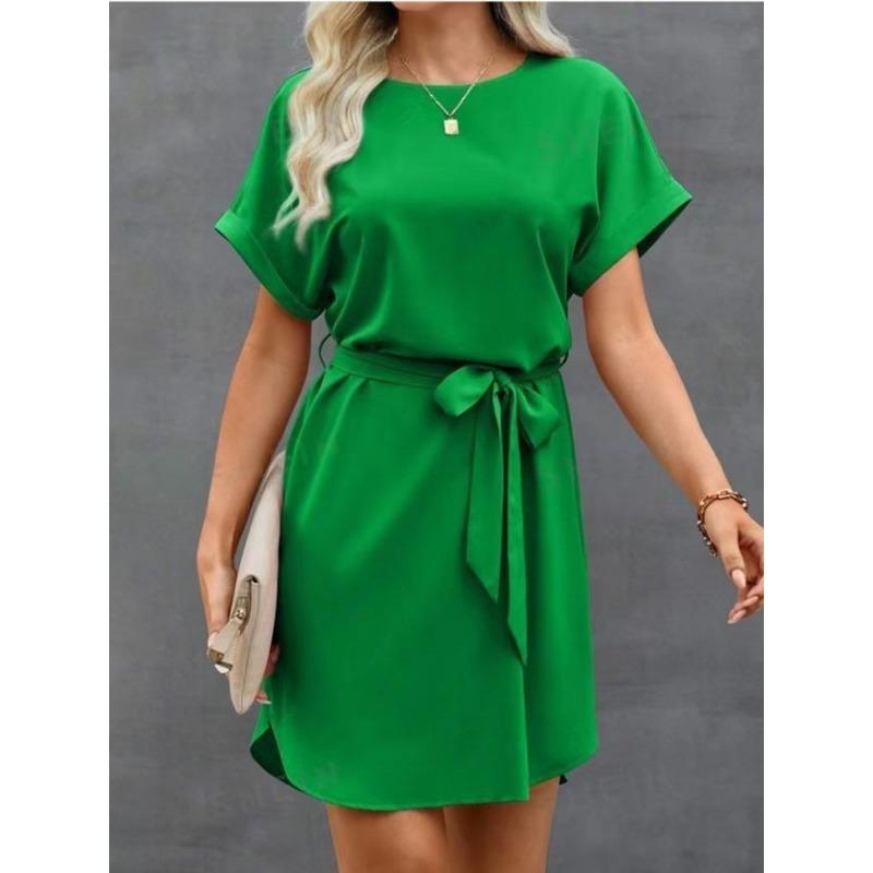 Dámská letní ležérní móda Nové šaty s krátkým rukávem s páskem