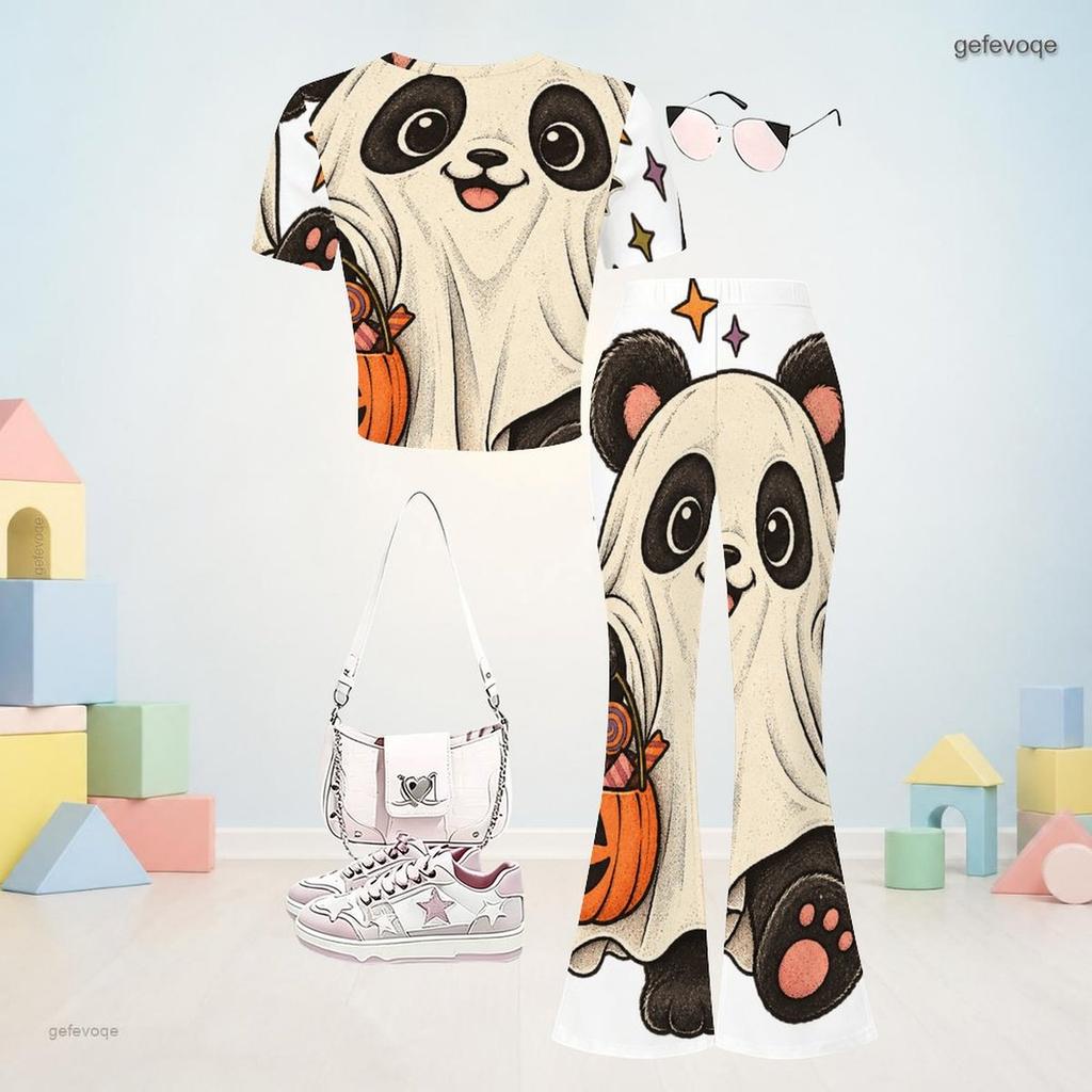 Girls Round Neck Short Sleeve Panda Ghost Printed Top And Flared Pants Two Piece Set