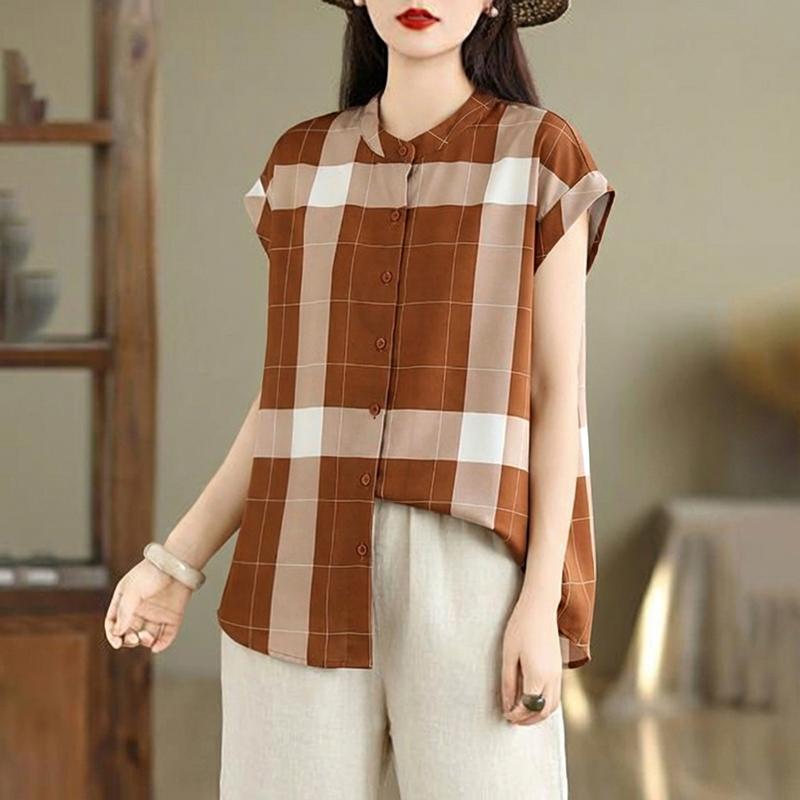 

ZANZEA Women Casual Round Neck Plaid Print Loose Short Sleeve Blouse 4XL світло-коричневого кольору