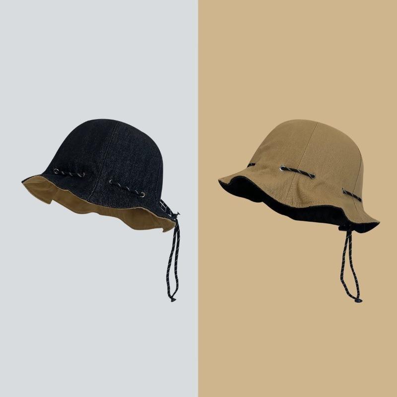 Reversible Two Sides Wearable Sun Protection Fisherman Hat With Drawstring Foldable Crossbody 55-59cm