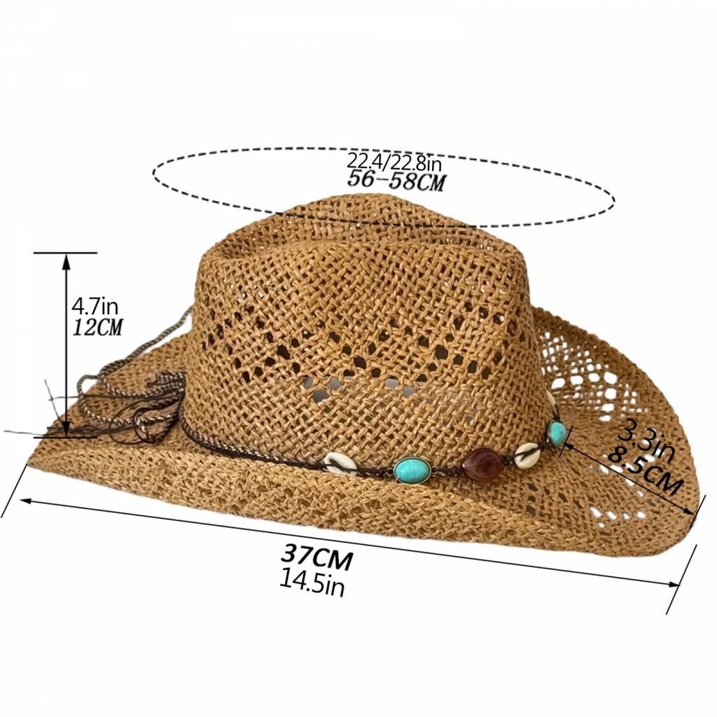 Ladies Wide Brim Straw Cowgirl Hat with Beaded Band for Western Style Sun Protection At the Beach or Hiking Adventure