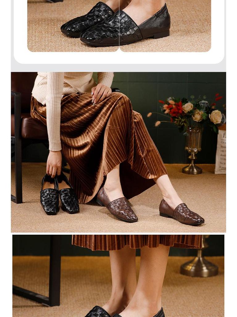 Dámské 2025 podzimní tkané kožené mokasíny - Ručně vyráběné hovězí baleríny pro všechna roční období
