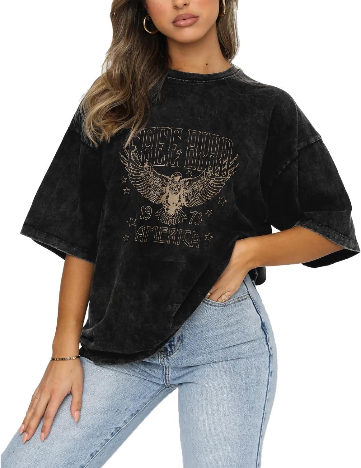 

Vintage Rock Band Tshirts Women Retro Free Bird Western Graphic Tees Country Music Shirts Casual Short Sleeve Tops S чорний
