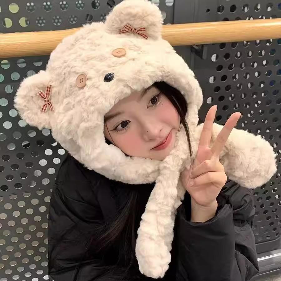 Cartoon bear plush hat autumn and winter scarf hat integrated thickened windproof warm scarf