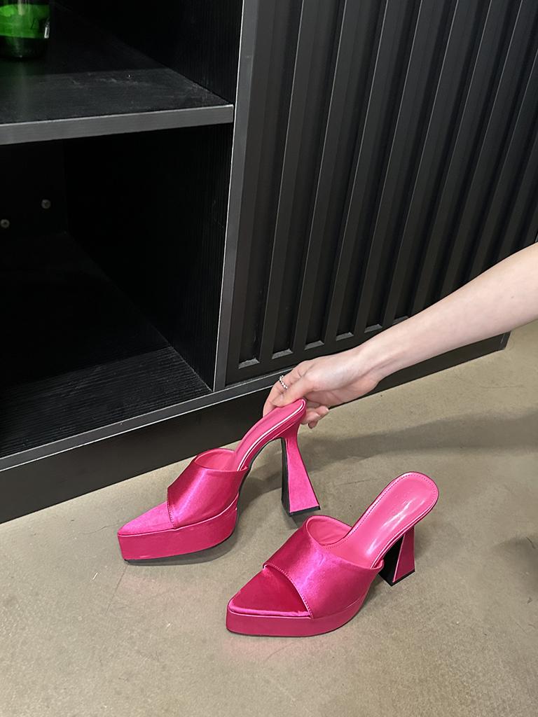 fashion Silk Women Slides Slippers Pointed Open Toe Summer Outside Thick High Heels Black White Rose