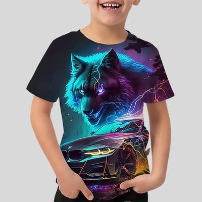 Sommer Rundhals 3D Cartoon Tier Wolf Bedrucktes Oberteil Modische Lässige Kurzarm Kinder Jungen T-Shirts