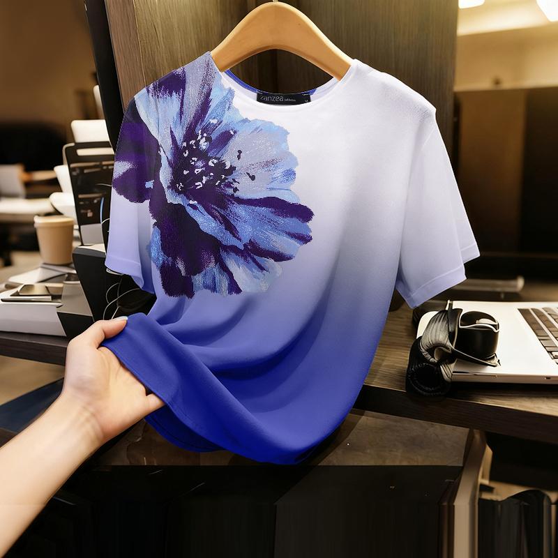 

ZANZEA Женская повседневная блузка с круглым вырезом, цветочным принтом и коротким рукавом S синий