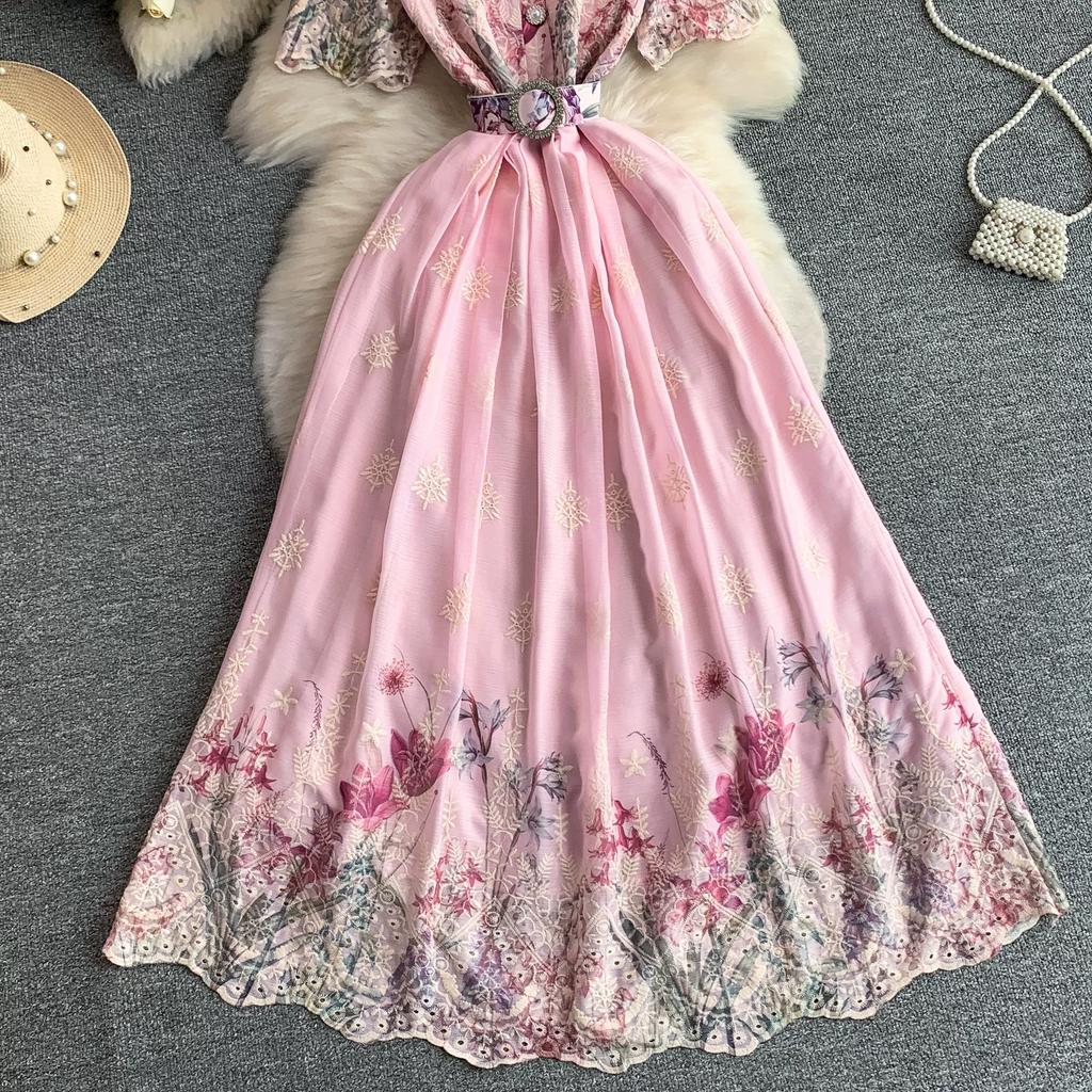 Embroidery Formal Luxury Evening Midi Dress Women Summer Beaded Peter Pan Collar Crochet Flower Hollow Out Short Sleeve Midi Dresses