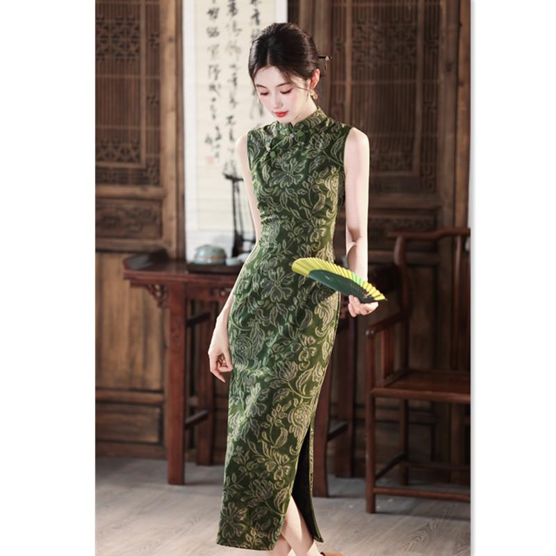Green new Chinese Hong Kong style sleeveless long cheongsam 1011 summer new slim and thin daily wear dress