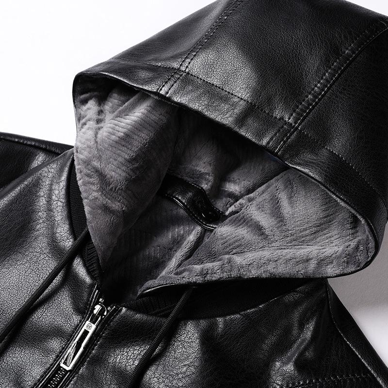 Velvet Thickened Leather Jacket Men's Autumn and Winter New Hooded Soft Leather Jacket Jacket Men's Casual Loose Leather Jacket Men's Clothing