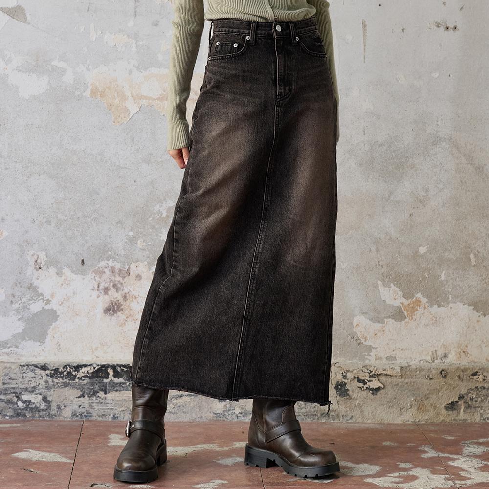 Naked Surf Club Lettering Denim Long Skirt (Black Brown)