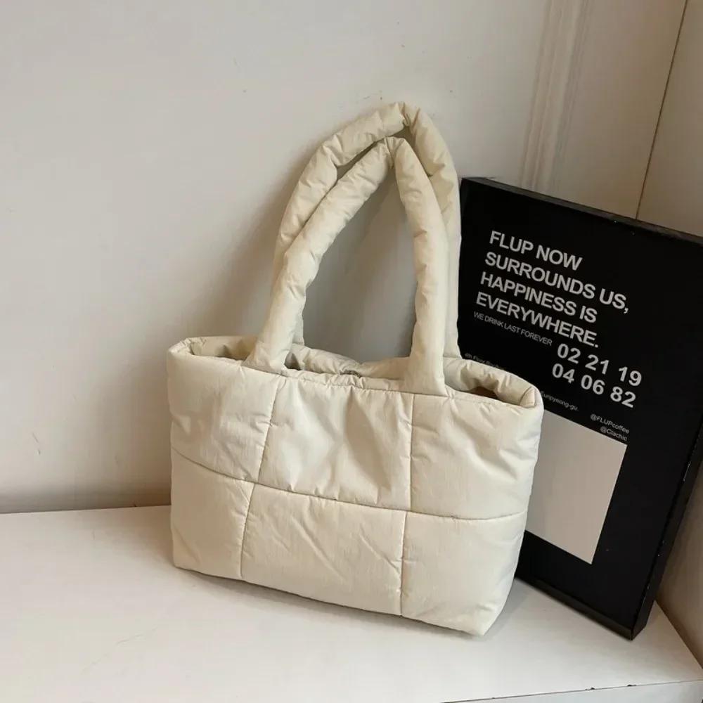 

Shoulder Bag New Cotton Padded Puffy Bag Quilted Checkered Cloud Tote Bag Large Capacity Lightweight Top-handle Bag College белый