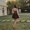 New French Black Floral Suspender Fluffy Short Princess Dress, Waist Fishbone Corset Evening Dress