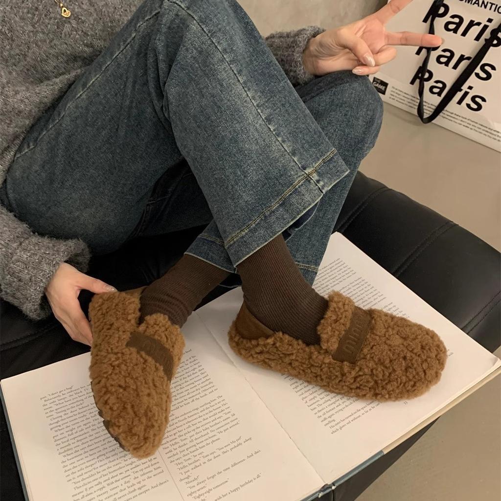 Evening wind fluffy shoes women's outer wear 2025 autumn and winter new Mary Jane plush single shoes soft sole plush warm cotton shoes