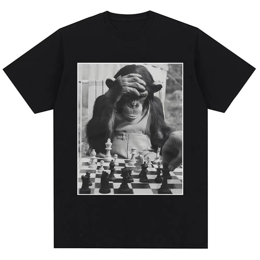 Funny Chimp Playing Chess Meme Graphic Tshirts Unisex Women Vintage Humor Tshirts Oversized Cozy Cotton Casual T Shirt Streetwear 3XL