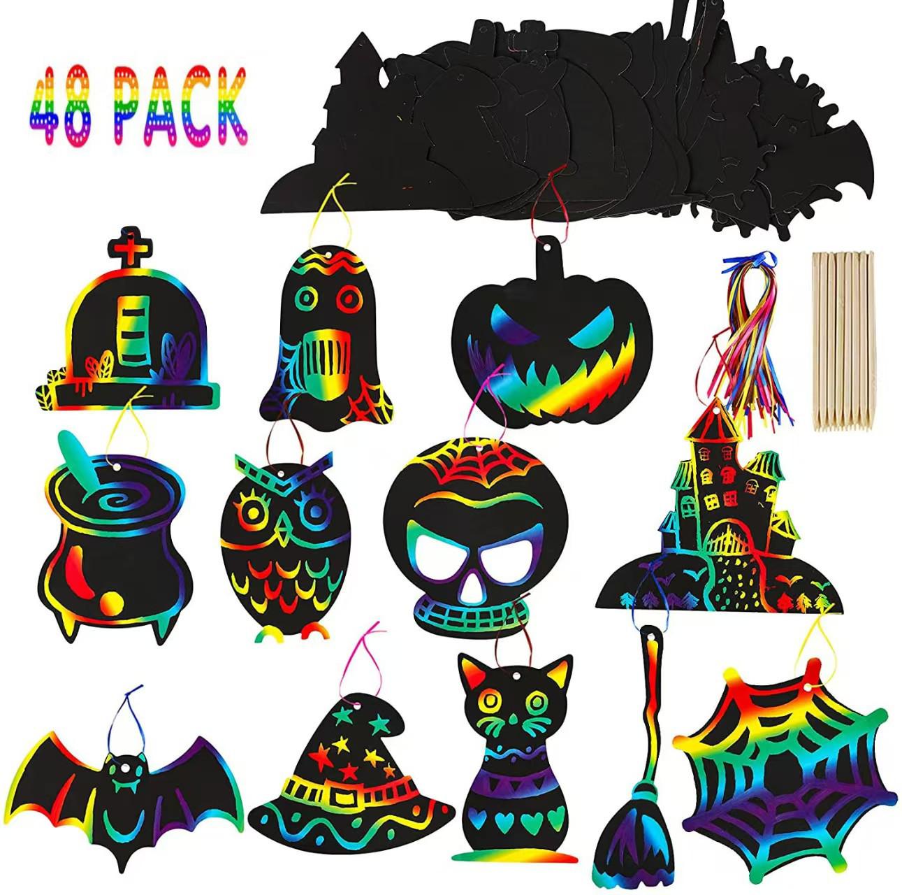 

Halloween DIY Scratch Art Animal Decoration for Kids 12 bookmarks + 12 ribbons + 4 bamboo pens