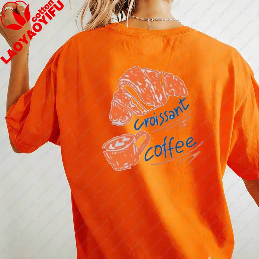 Womens Casual TShirt Croissant Coffee Print Short Sleeve Cute Food Graphic Cotton Tops Fit Streetwear Blouse for Daily Wear