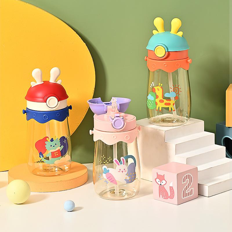 Latest Children Cartoon Straw Cup with Strap Summer Water Bottle Kindergarten Baby Water Bottle Portable Baby Water Glass