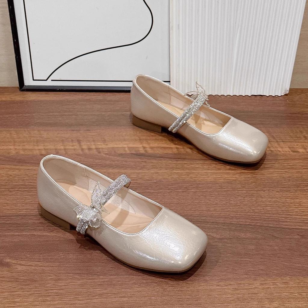 Wszechstronne francuskie srebrne buty Mary Jane damskie 2025 lato nowe cyrkonie lekkie usta pojedyncze buty na płaskiej podeszwie małe skórzane buty