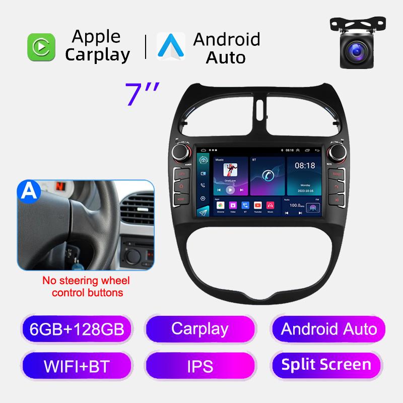 Android 12 Car Radio for PEUGEOT 206 206CC 206SW 2000-2008 Multimedia Player GPS Navigation 7 Inch With Buttons Carplay HeadUnit