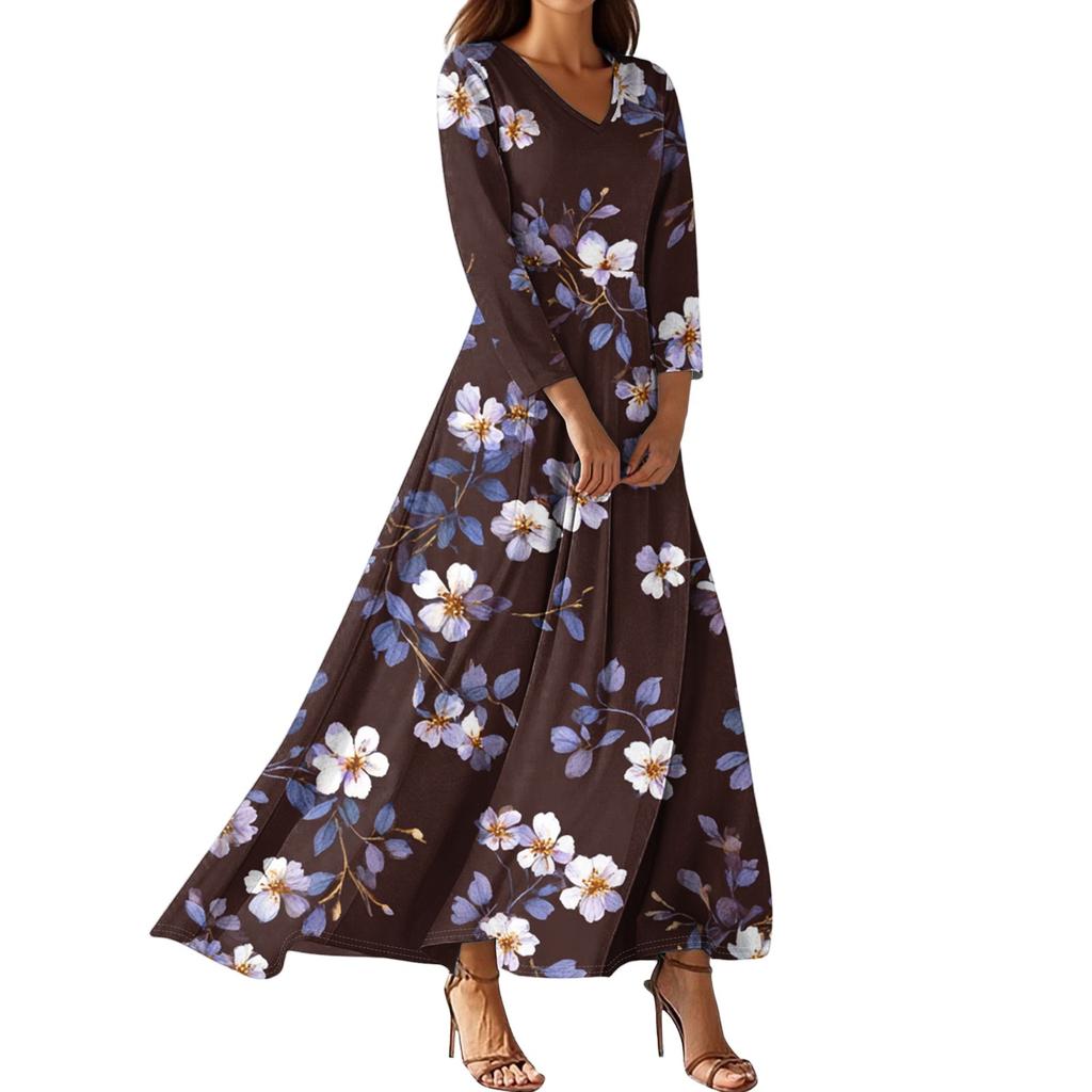 Women's Fashion V-Neck Floating Beach Dresses Seven Sleeve Floral Printed Dresses