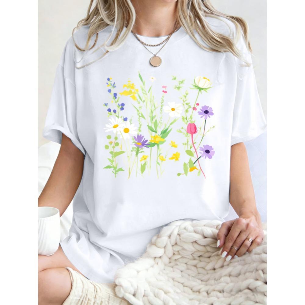 Various Flowers And Green Leaves Prints Women T Shirts Casual Sports Tops Y2K Cotton T-Shirt Oversized Short Sleeve