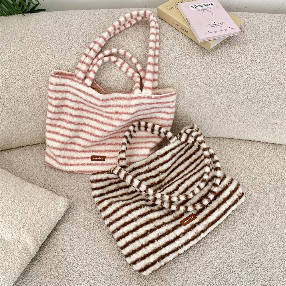 Fall Winter Simple Stripes Faux Lamb Wool Women's Shoulder Bags Casual Furry Female Handbag Large Capacity Ladies Shopping Bag