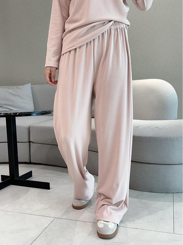 Women's Plus Size Fleece-Lined Ribbed Leggings for Autumn & Winter - Thickened Wide-Leg Casual Home Pants