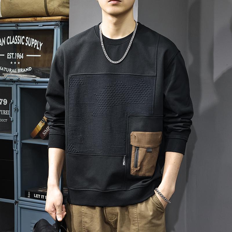 Autumn Trendy Brand Splicing Texture Sweater Men'S American Retro Tooling Pocket Heavy Abraded Loose Crew Neck Top