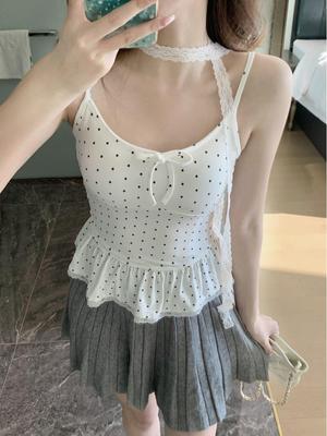 Sweet Polka Dot Lace-Up Spaghetti Strap Bow Tank Top for Women
