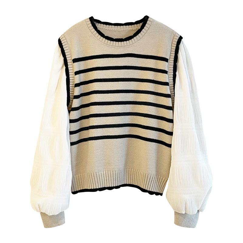 Two-piece Striped Sweater Women's Spring New Style Age-reducing Fashionable and Unique Lantern Sleeve Top