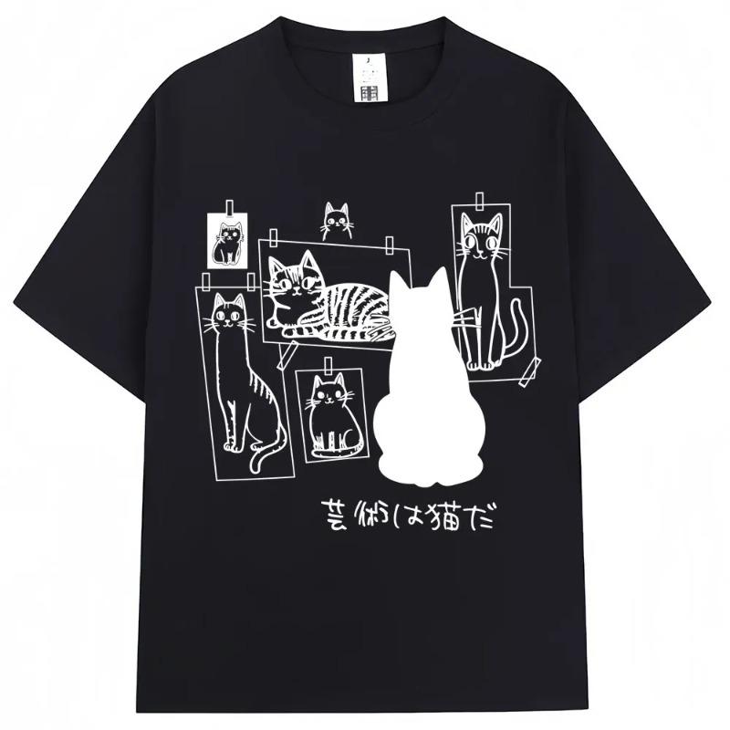 Japanese Funny Black Cat Anime Print T Shirt Men Women Fashion Vintage Harajuku T-shirts Oversized Cotton Casual T Shirts