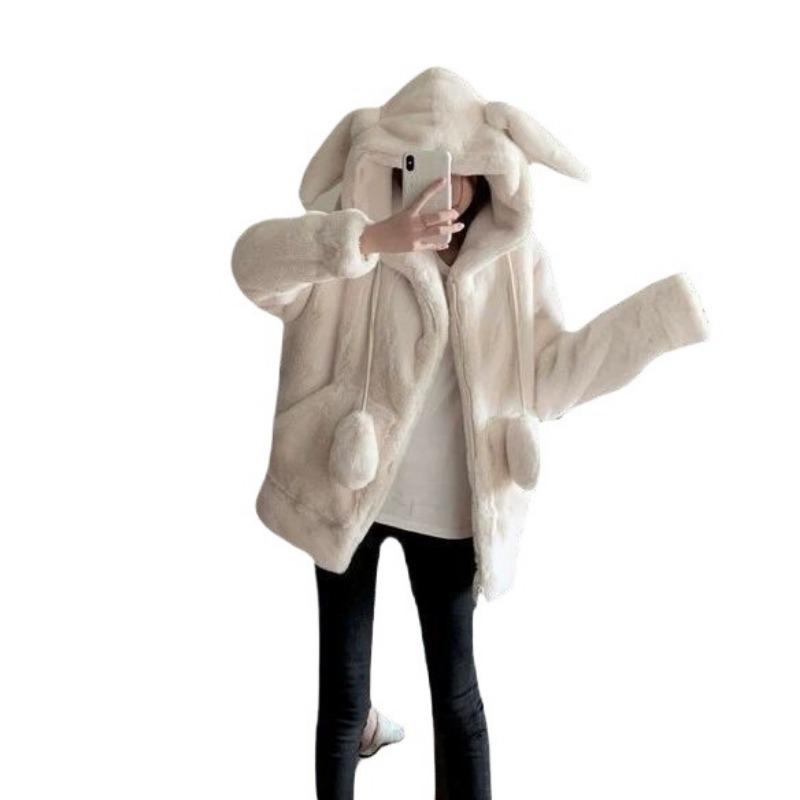 Autumn and Winter Coat Women's Hooded Rabbit Ears Hair Plush Imitation Cashmere Fur Coat Fleece Thickened Sweater Women
