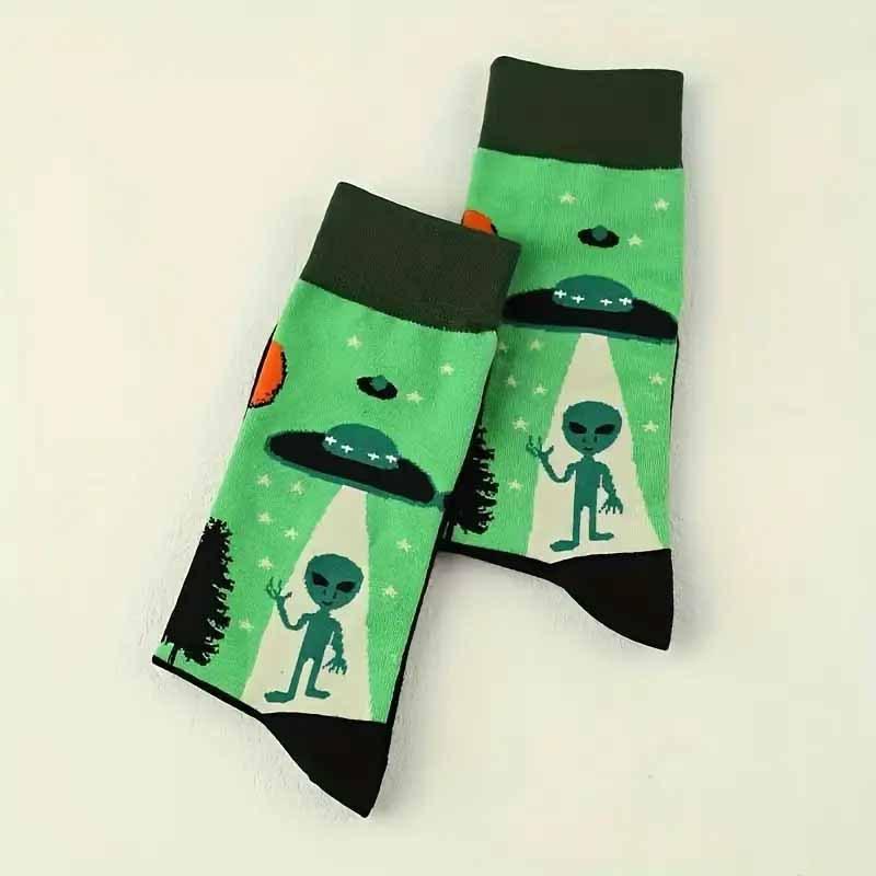 1 Pair Alien UFO Pattern Trendy Socks Asymmetric Style Socks for Men Women Funny Cartoon Cat Unisex Breathable Cotton Socks