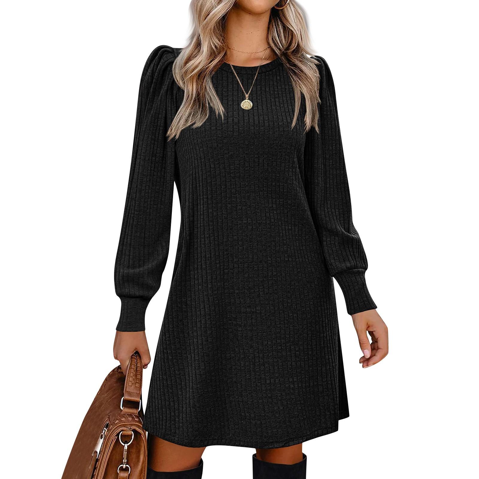 

Womens Puff Long Sleeve Dress Casual Knit Crewneck Knee Length Dresses With Pockets S