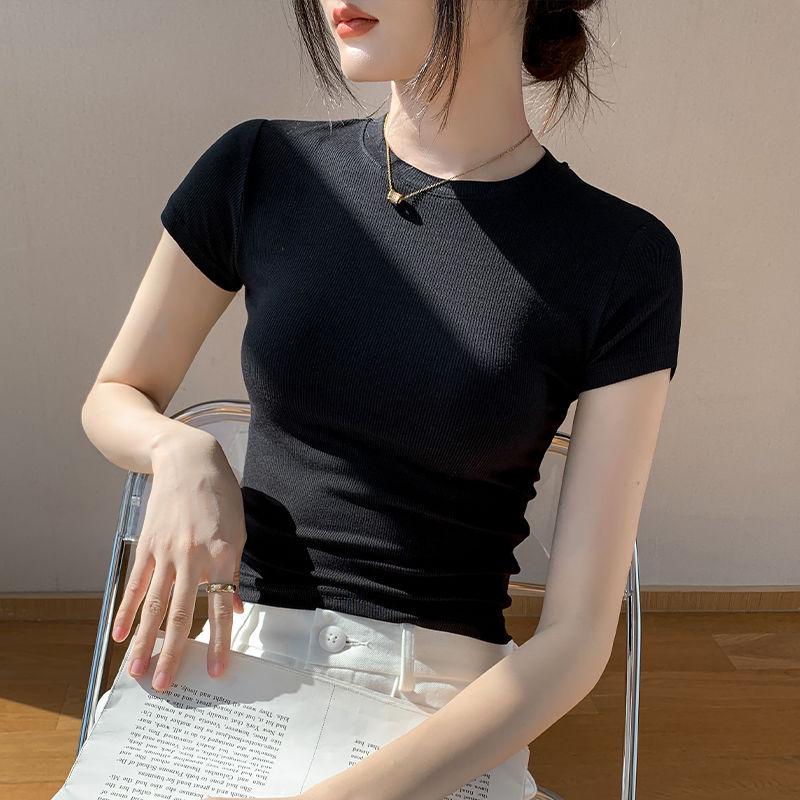 

Женская футболка с прямыми плечами, облегающая, с круглым вырезом – Лето 2023 S