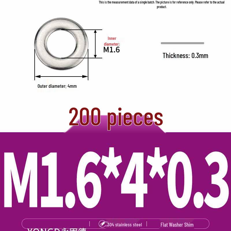304 Stainless Steel Thickened Flat Washer / Ultra-thin Metal Gasket, Sizes M1.6-M10