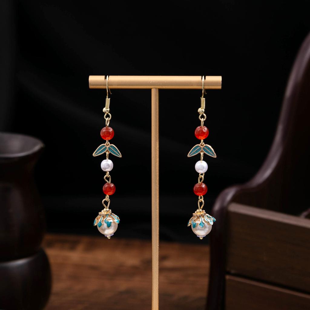 Red Series Beaded Earrings, National Style Auspicious Cloud Water Drop Pearl Earrings, Cheongsam Hanfu Accessories