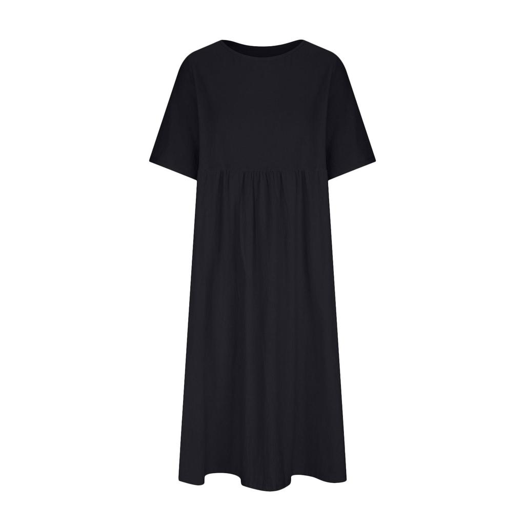 Women's Solid Color Loose Waist Mid Length Dress Cotton Linen Round Neck Dress