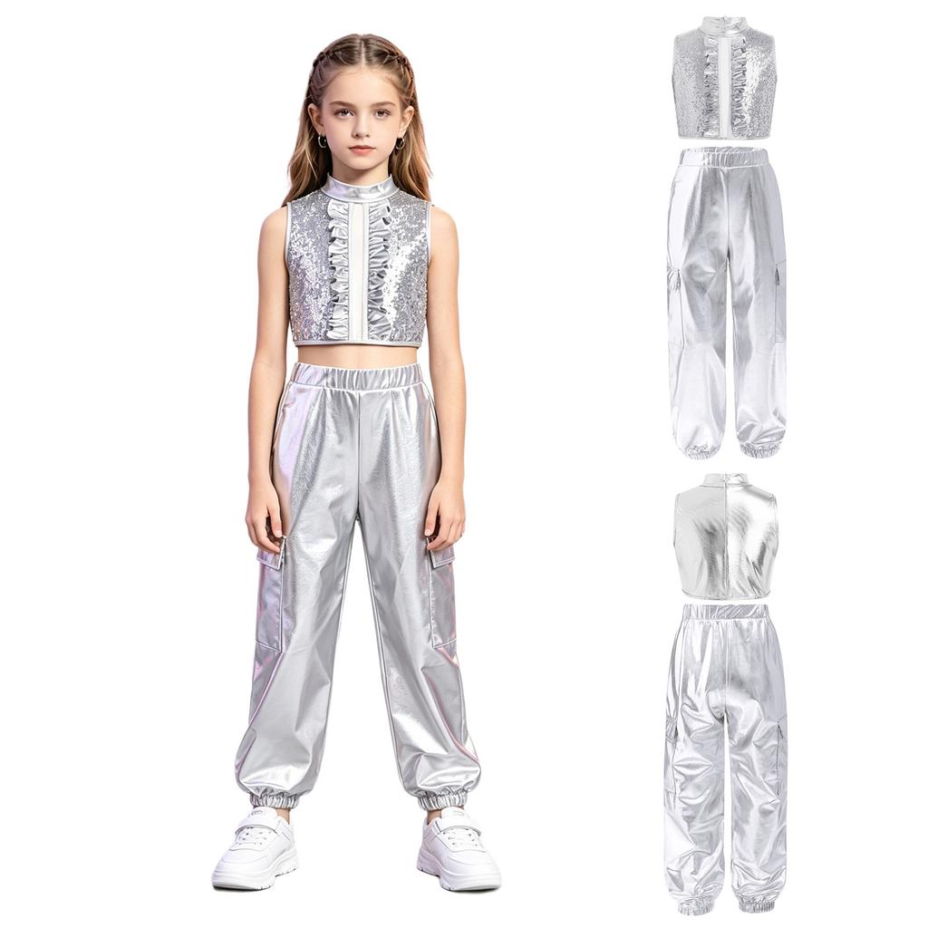 Mädchen Jazz Dance Crop Top Stehkragen Ärmellos Verdeckter Reißverschluss Hinten Pailletten Metallisches Patchwork Rüschen mit Glänzender Hose für Bühnenauftritt