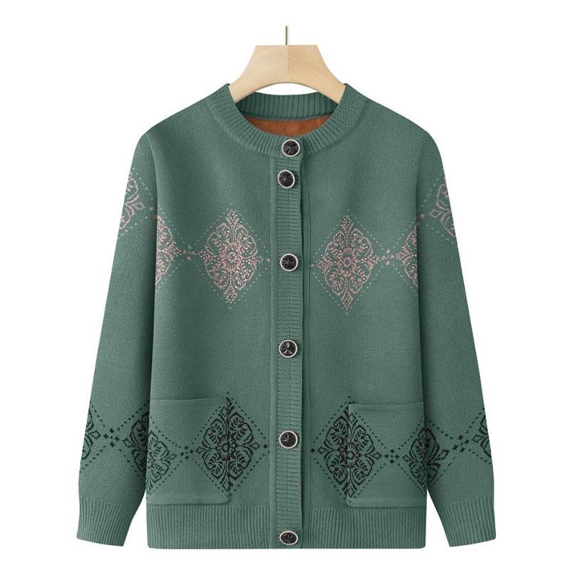 New Women's Autumn and Winter Spliced Round Neck Button Printed Pockets Fashionable Loose Casual Long-sleeved Knitted Cardigan