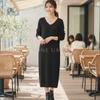 One Ambu Knit Beautiful Long Office Beige Women's Dress, V-Neck, Sleeves, Casual, I-Line, Loungewear, White,