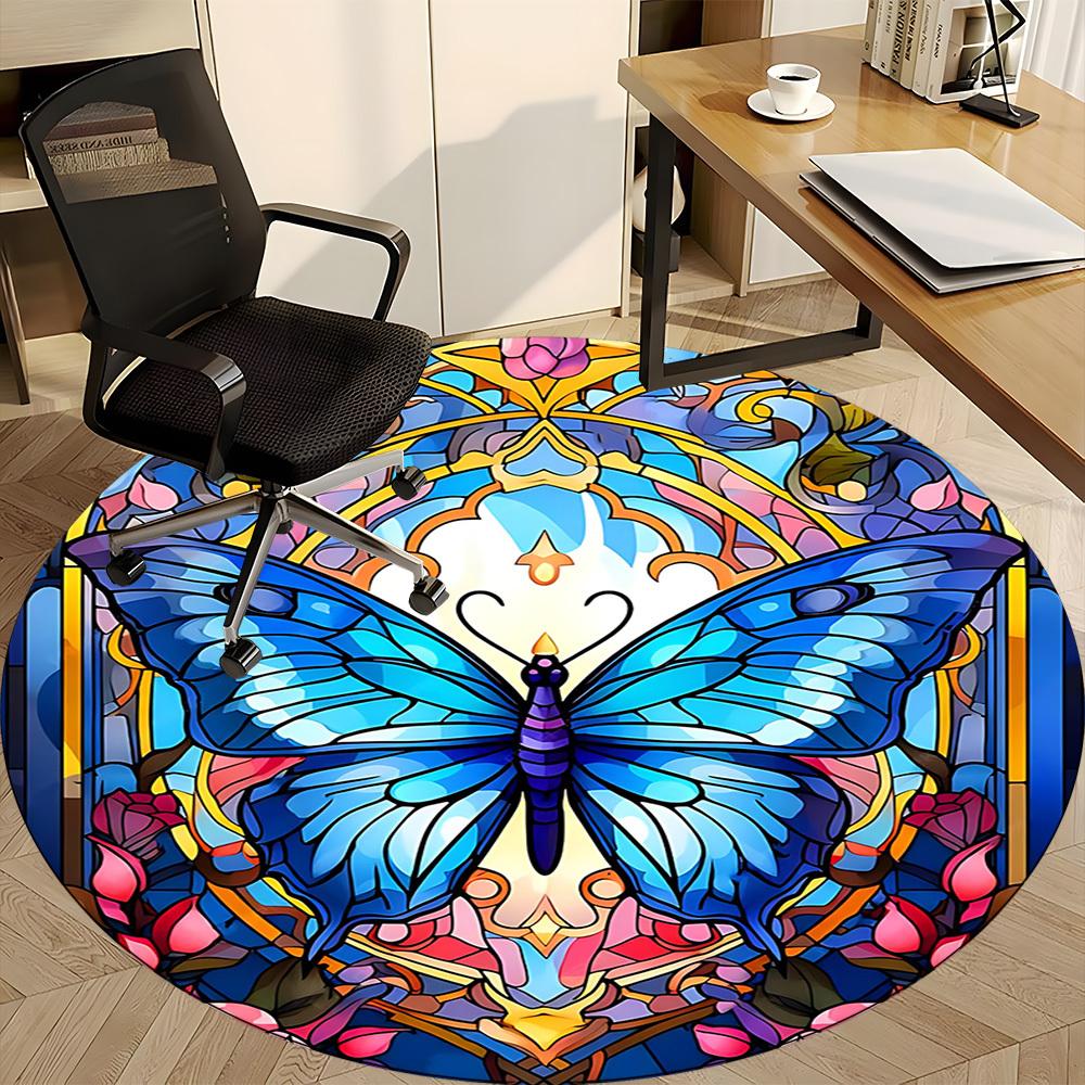 1pc Butterfly StainedGlass Office Round Area Rug, Under Office Chairs Bedroom Living Room Home Decor, Room Deco