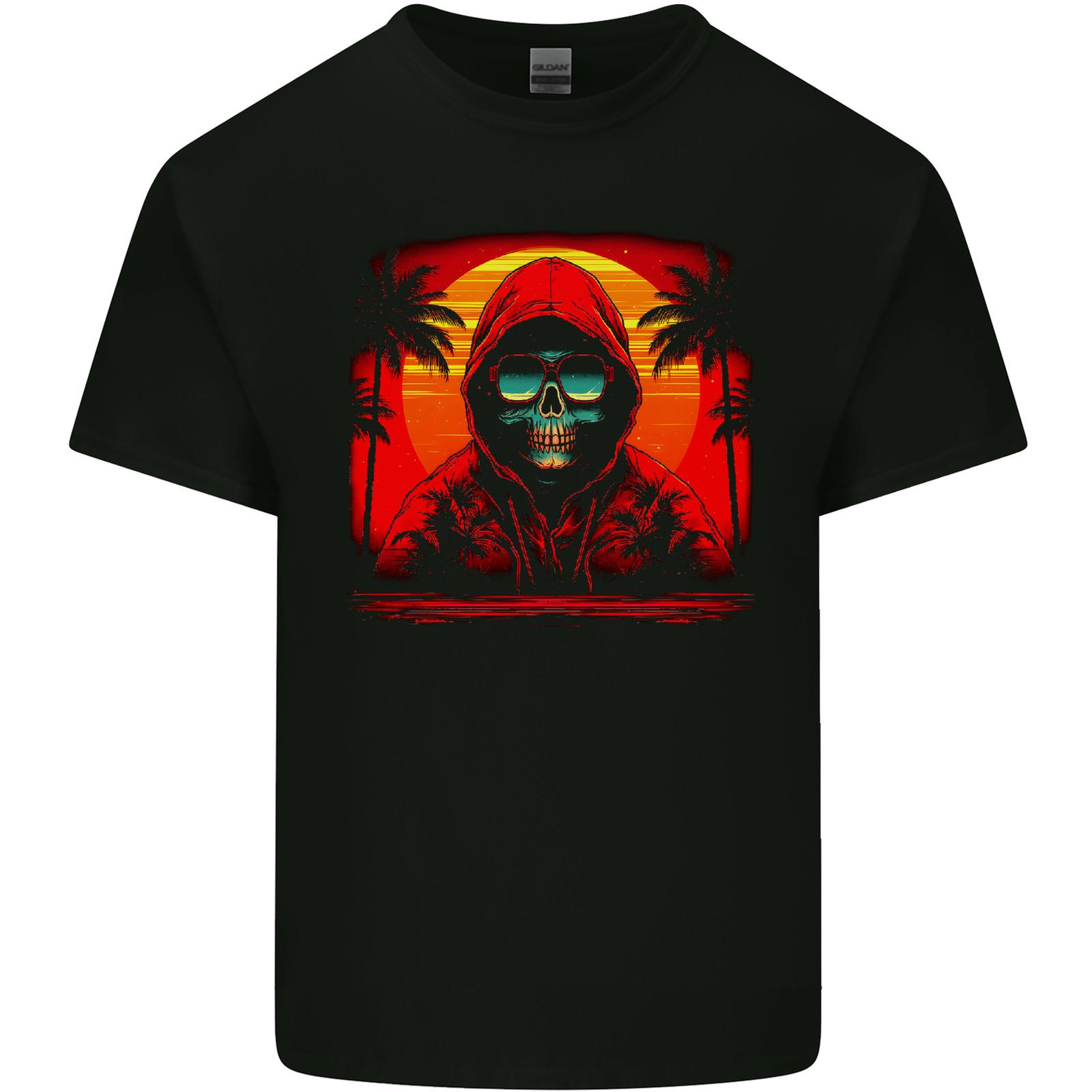 A Retrowave Skeleton With Holiday Sunset Skull Mens Cotton T-Shirt Tee Top XL