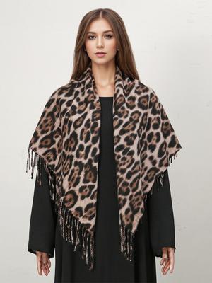 100*100Cm Leopard Print Square Scarf For Woman Autumn Winter Thick Pashmina Shawl Fashion Tessel Foulard Muslim Female'S Muffler